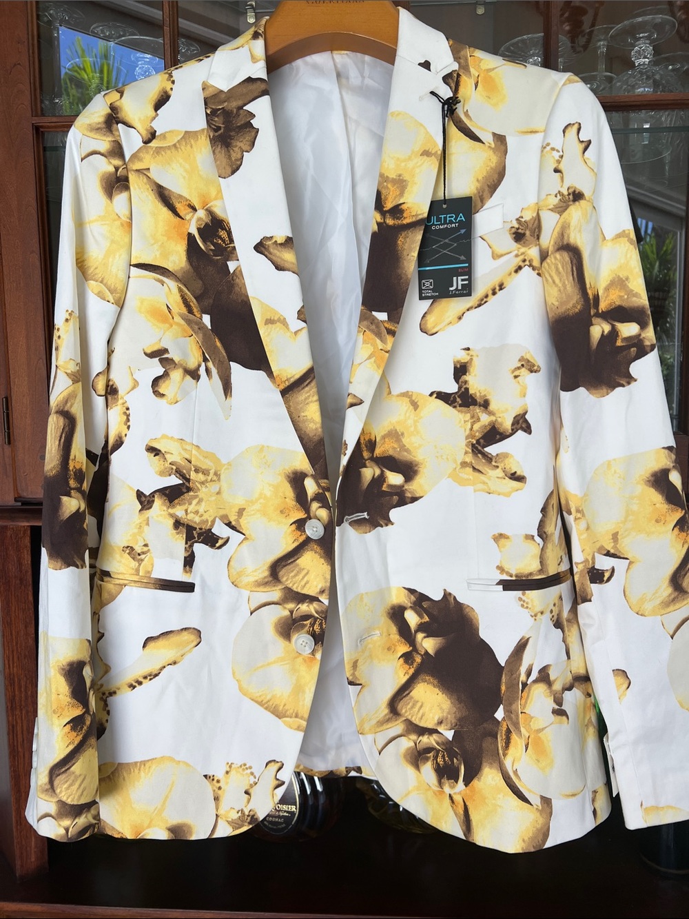 NWT. Cotton Stretch White Blazer with Yellow & Brown Floral Print